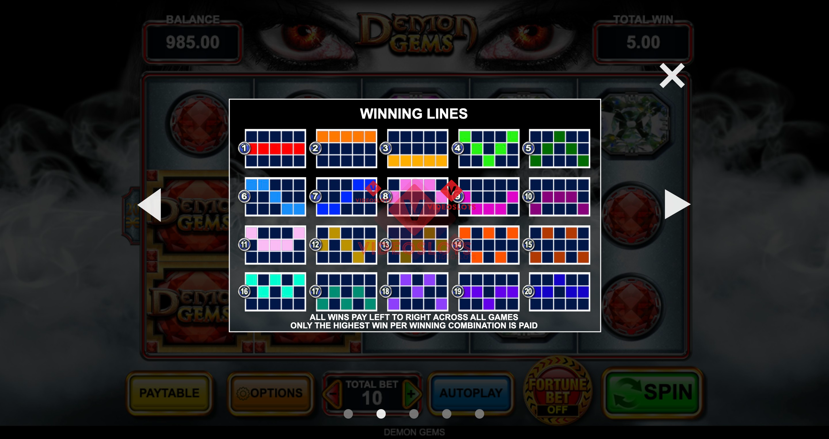 Pay Table for Demon Gems slot from Inspired Gaming