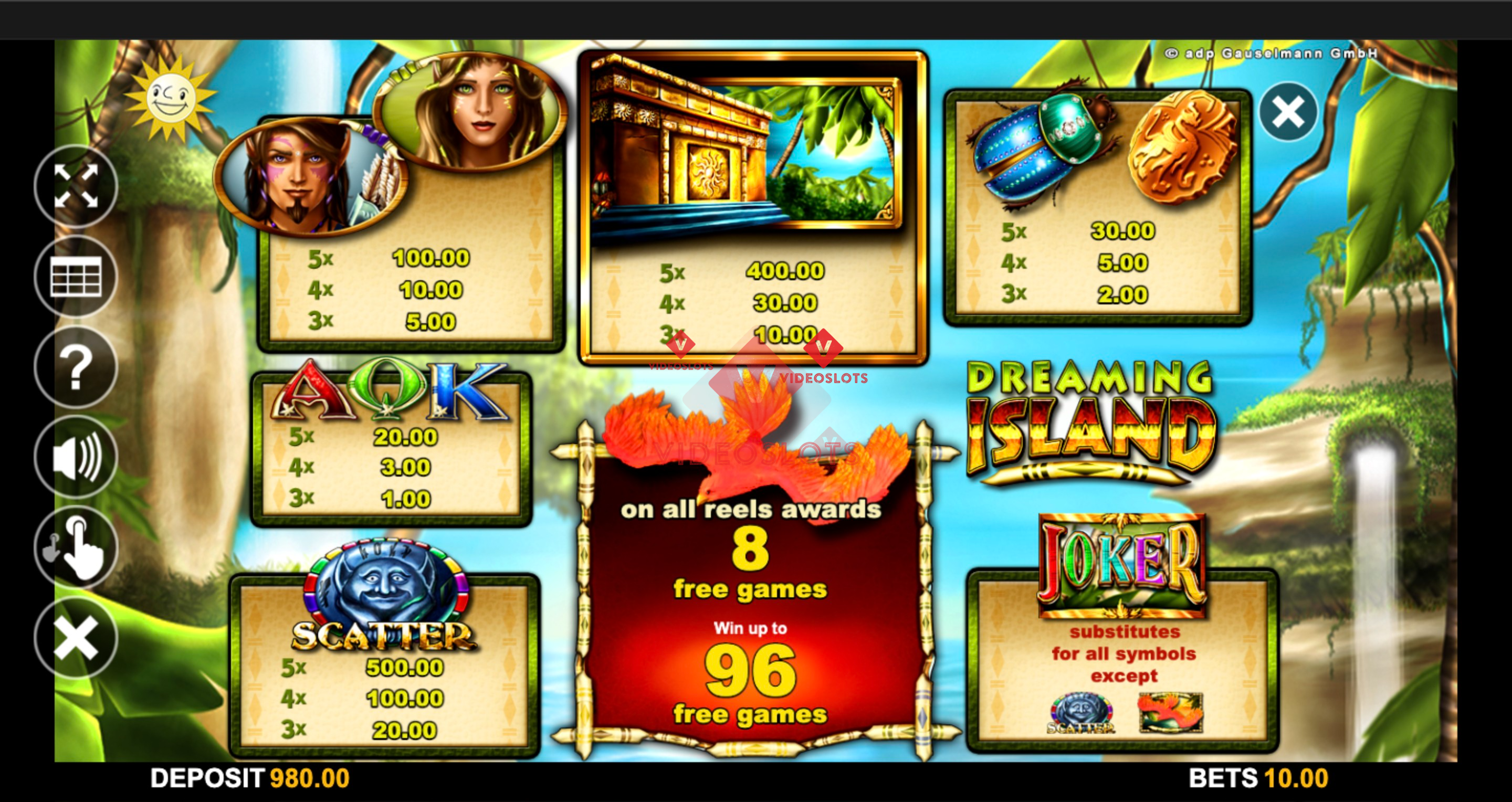 Pay Table for Dreaming Island slot from Merkur