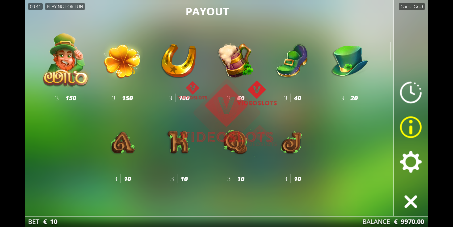 Pay Table for Gaelic Gold slot from NoLimit City