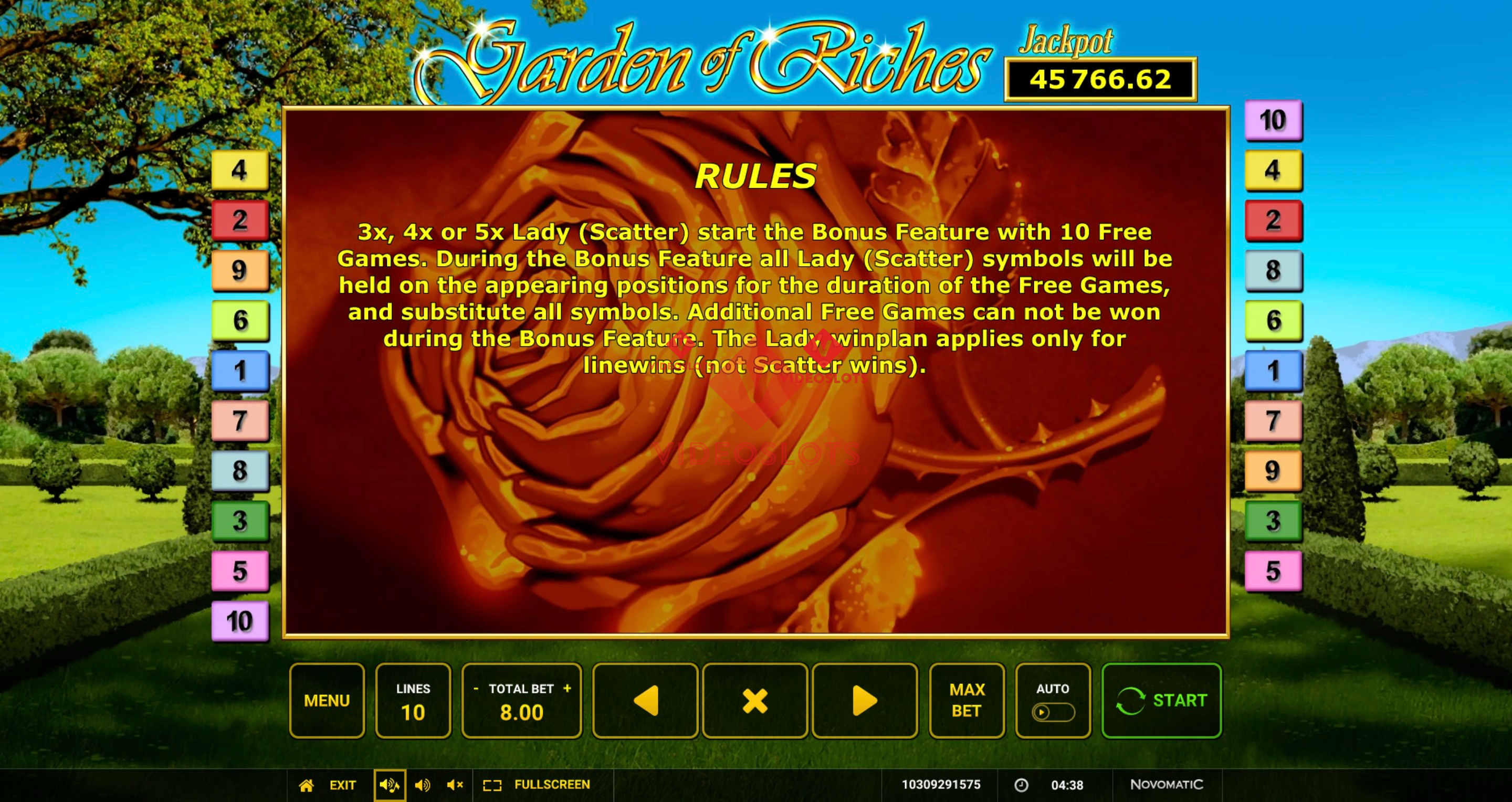 Game Rules for Garden of Riches slot from Greentube