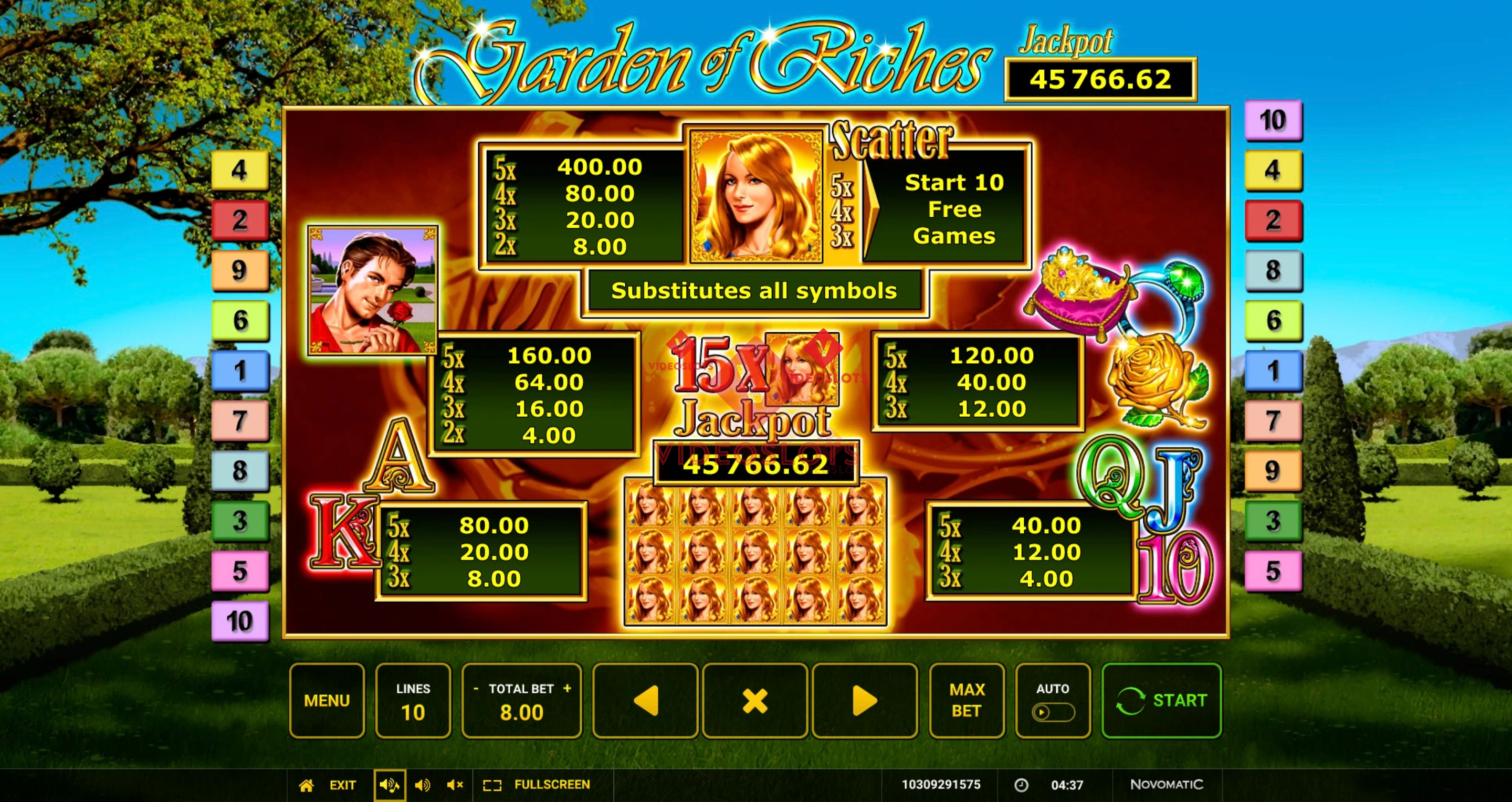 Pay Table for Garden of Riches slot from Greentube
