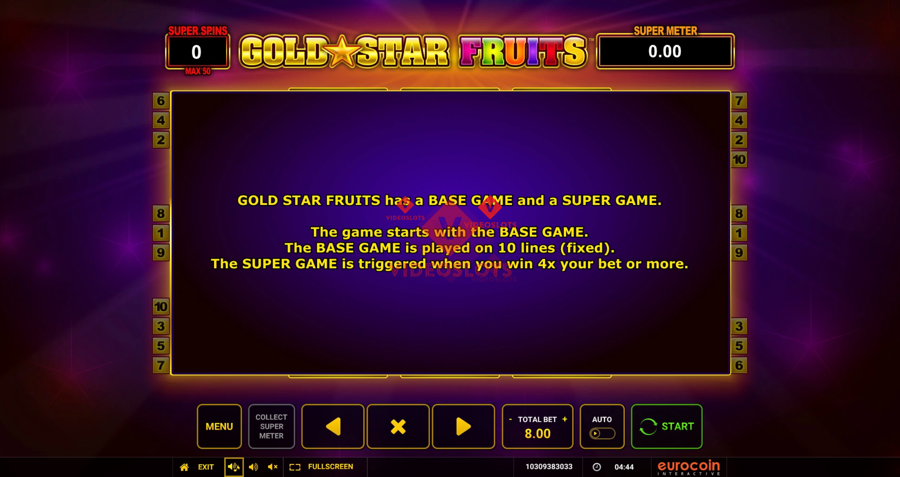 Pay Table for Gold Star Fruits slot from Greentube