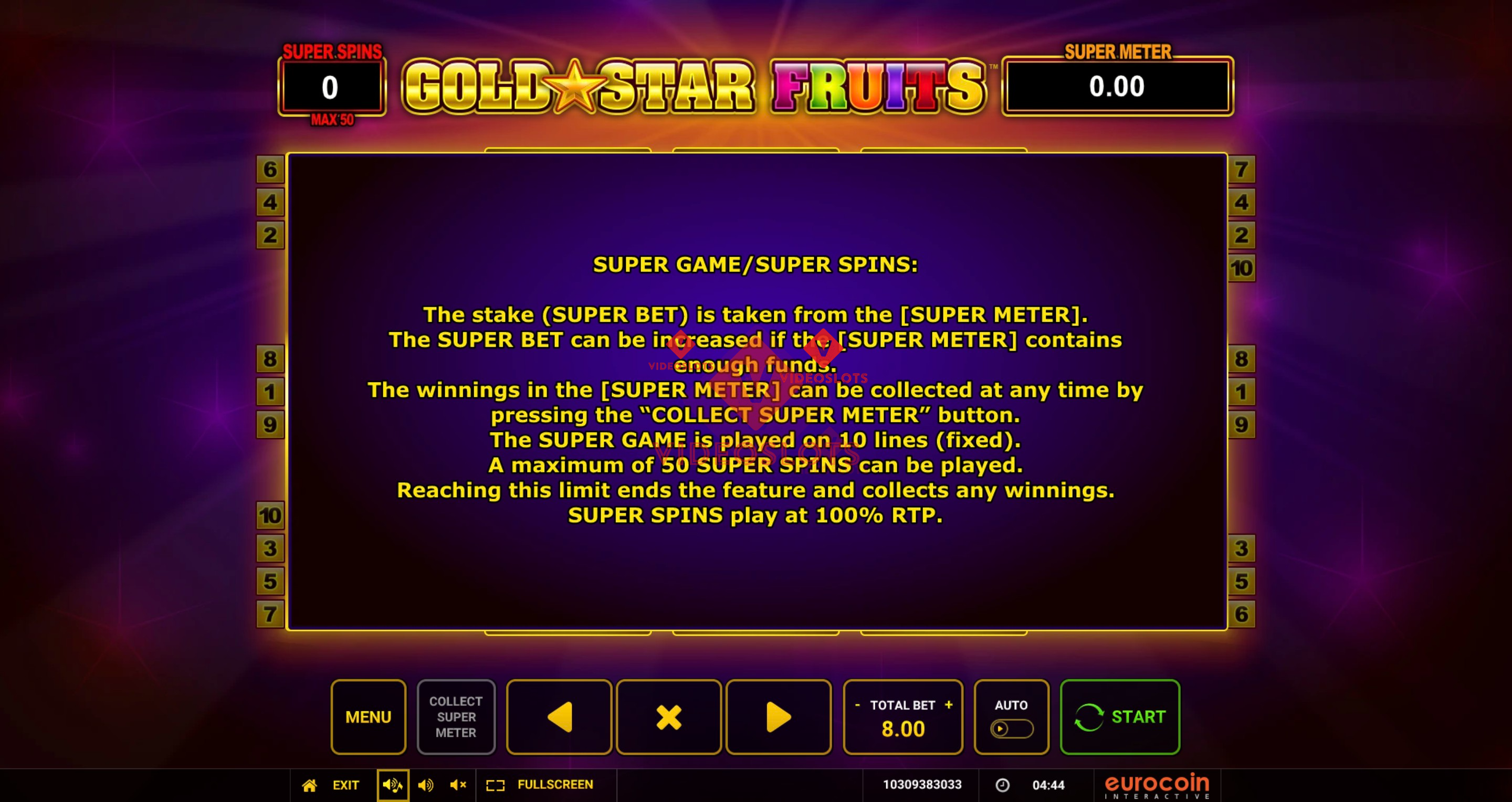 Pay Table for Gold Star Fruits slot from Greentube
