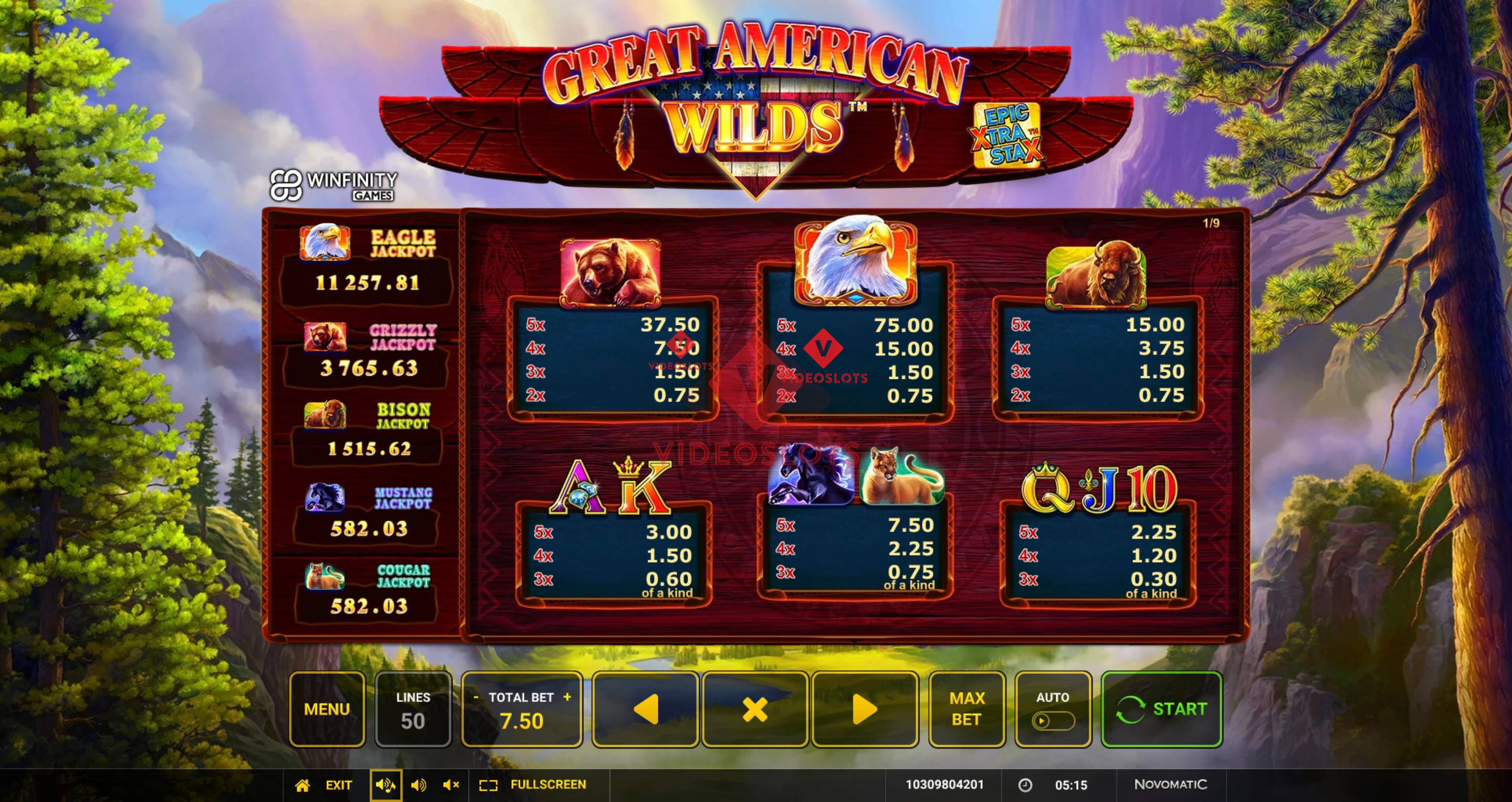 Pay Table for Great American Wilds slot from Greentube
