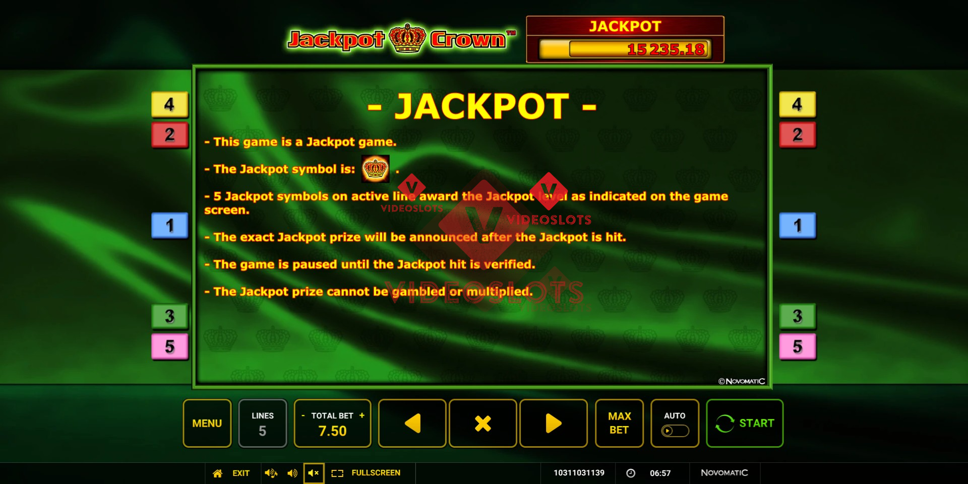 Pay Table for Jackpot Crown slot from Greentube