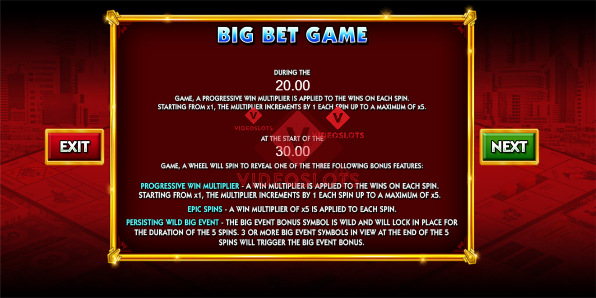 Game Rules for Monopoly Big Event slot from Barcrest