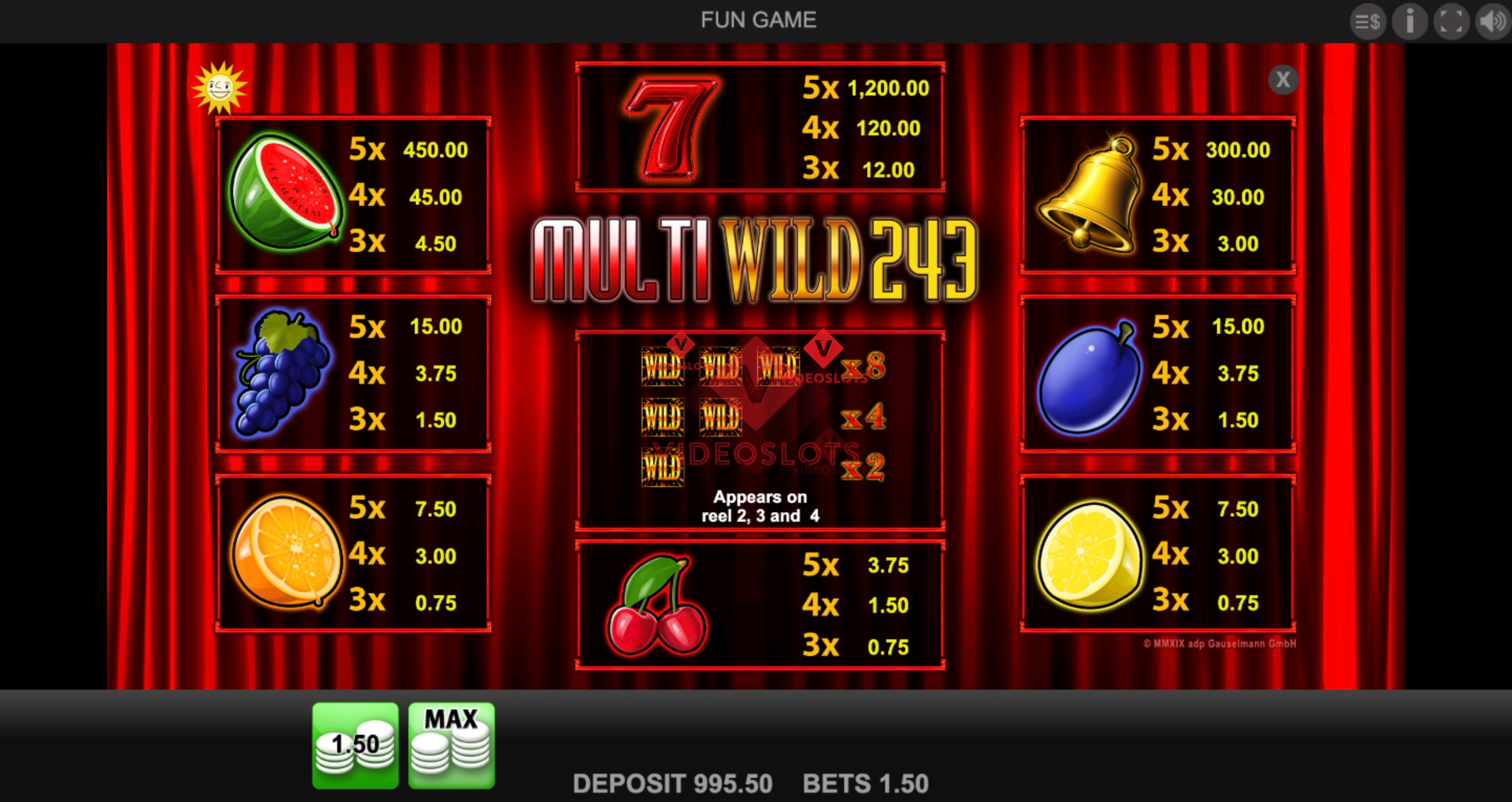 Pay Table for Multi Wild 243 slot from Merkur