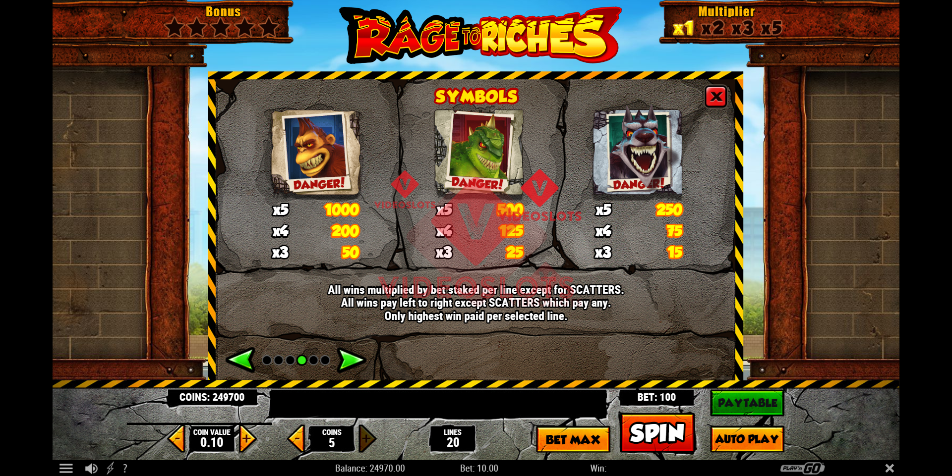 Pay Table for Rage to Riches slot from Play'n Go