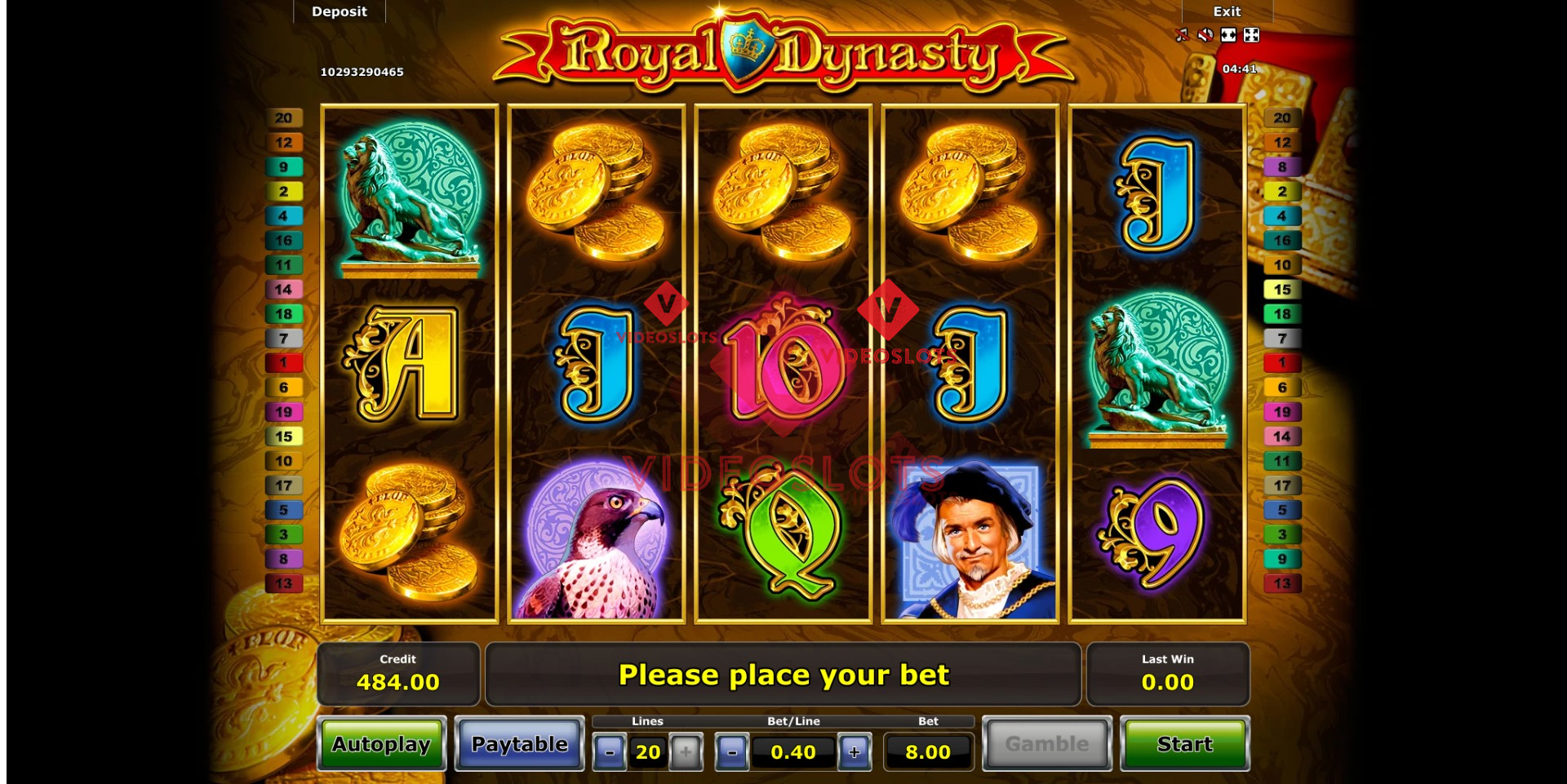 Base Game for Royal Dynasty slot from Greentube