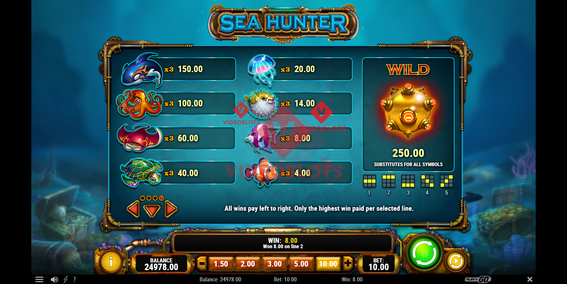 Pay Table for Sea Hunter slot from Play'n Go