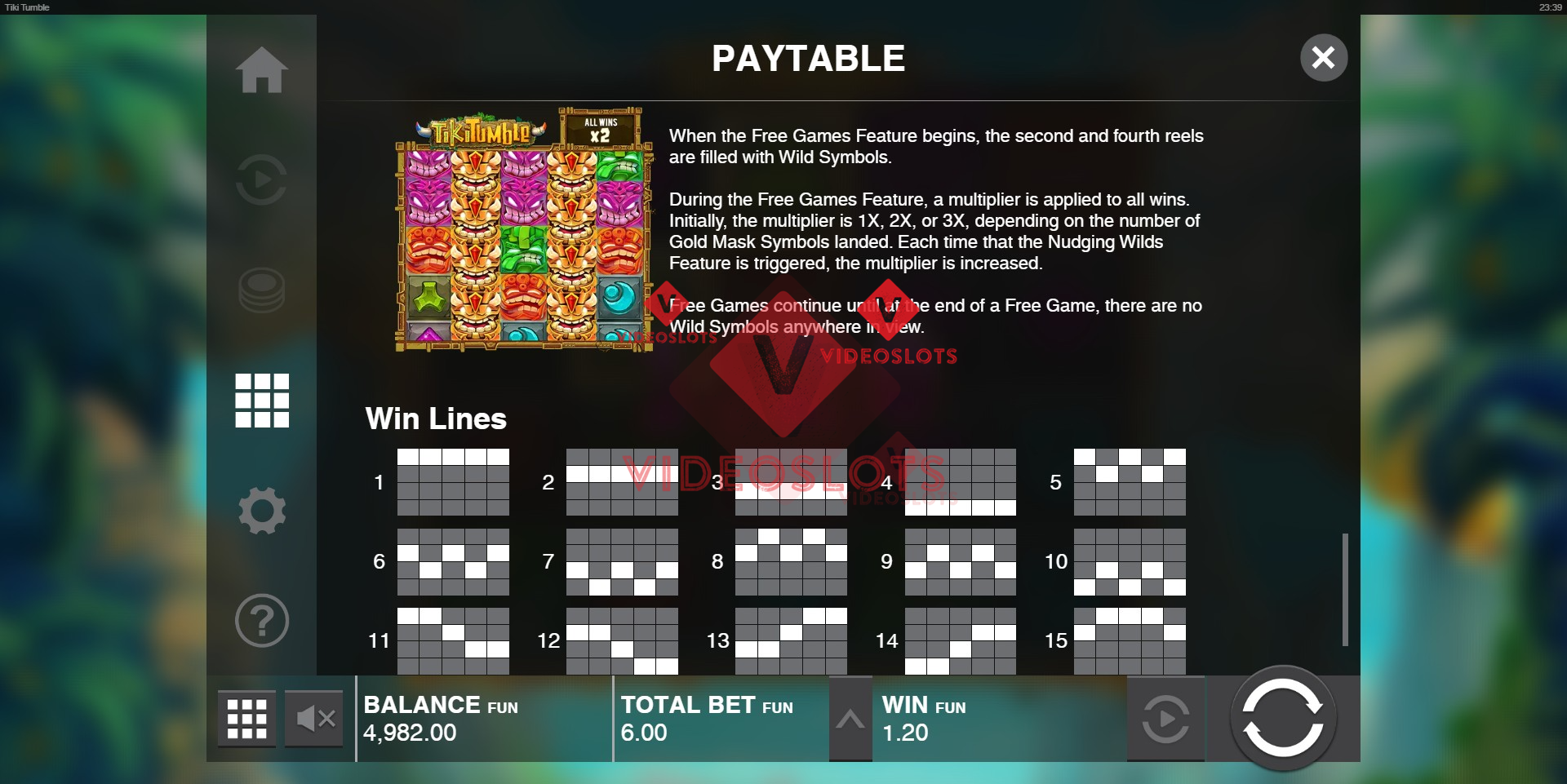 Pay Table for Tiki Tumble slot from Push Gaming