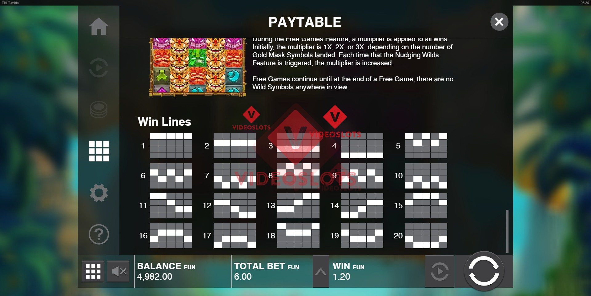 Pay Table for Tiki Tumble slot from Push Gaming
