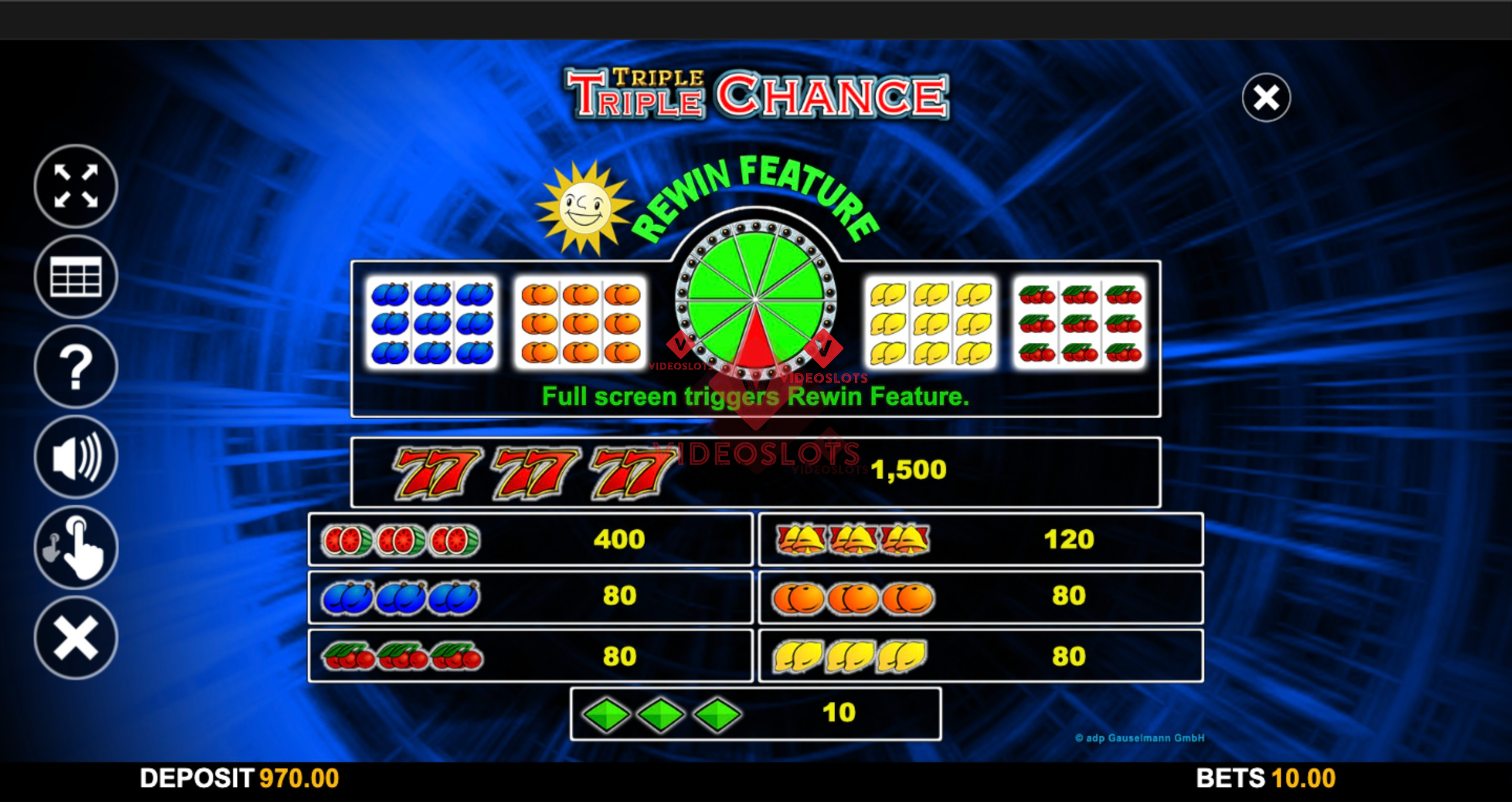 Pay Table for Triple Triple Chance slot from Merkur