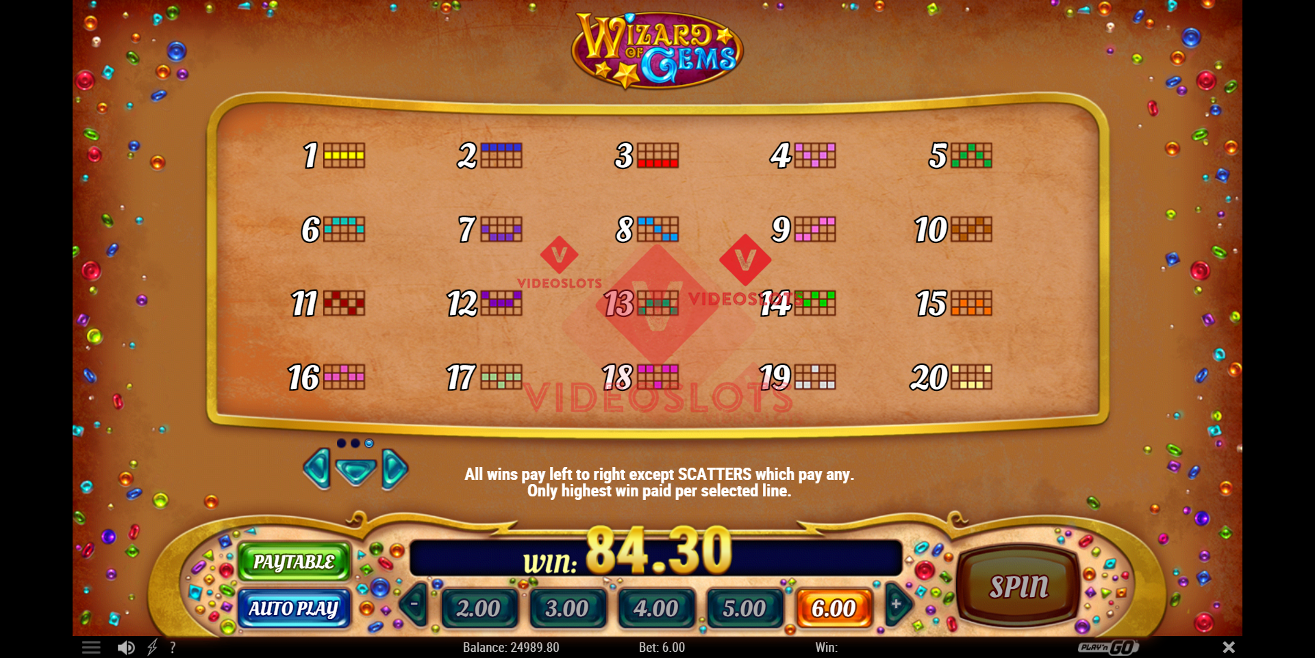 Pay Table for Wizard of Gems slot from Play'n Go